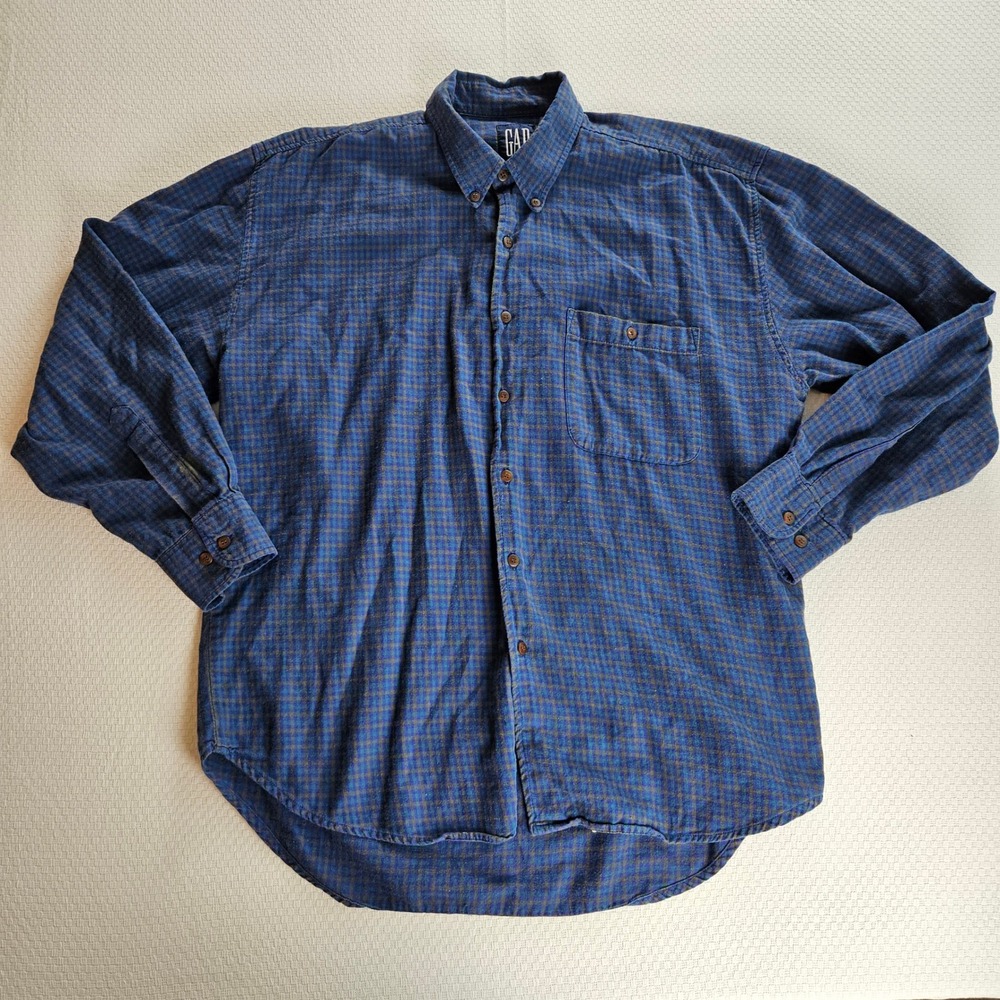 Vintage Gap Men L Plaid Flannel Button Down Shirt Blue Green 90s Grunge Indie - Picture 2 of 9